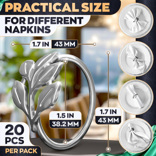 Set of 20 Silver Christmas Napkin Rings – Decorative Thanksgiving Napkin Rings Set | Elegant Silver Leaf Design, Great for Weddings, Dinner Parties, Elegant Christmas Table Decor
