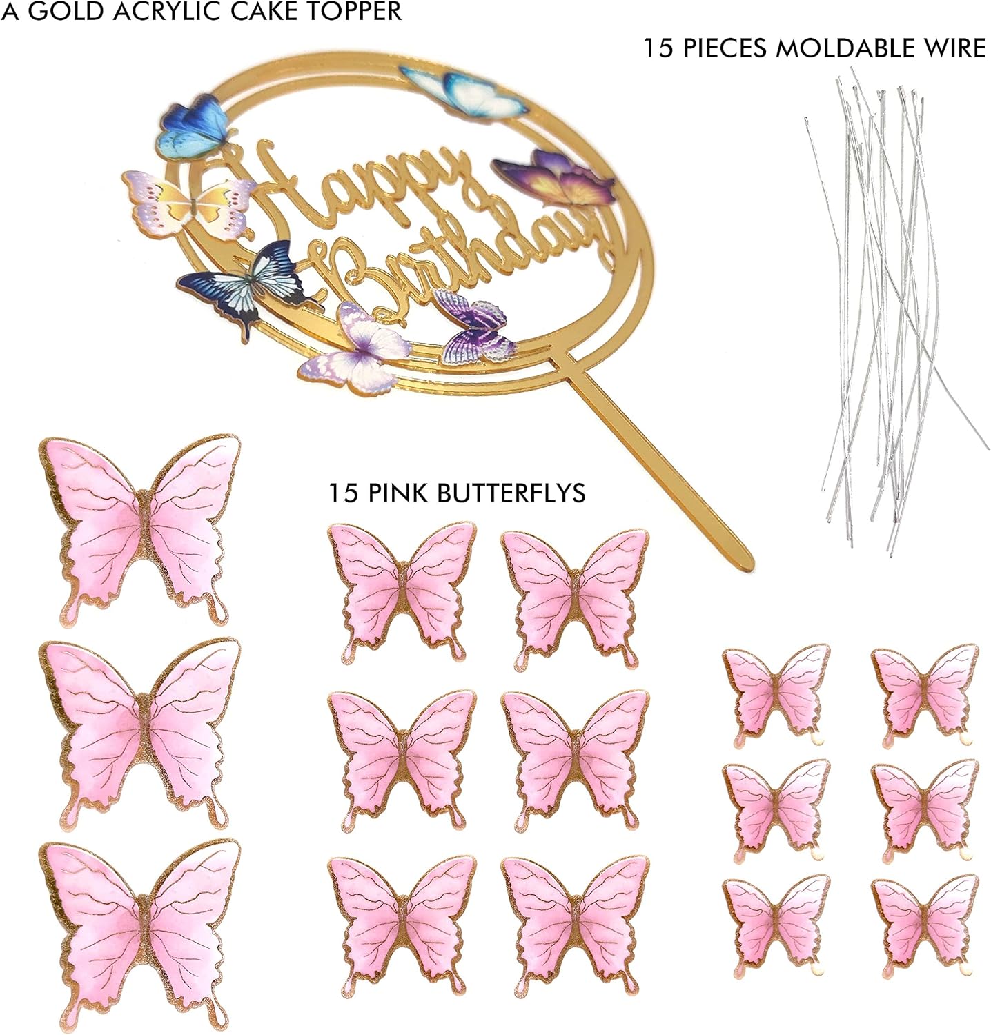 Butterfly Cake Toppers Decorations - 1 Big Happy Birthday Cake Topper & 15Pcs 3D Pink Gold Cupcake Toppers - Party Supplies for Decorating Baby Shower Girl's Birthday