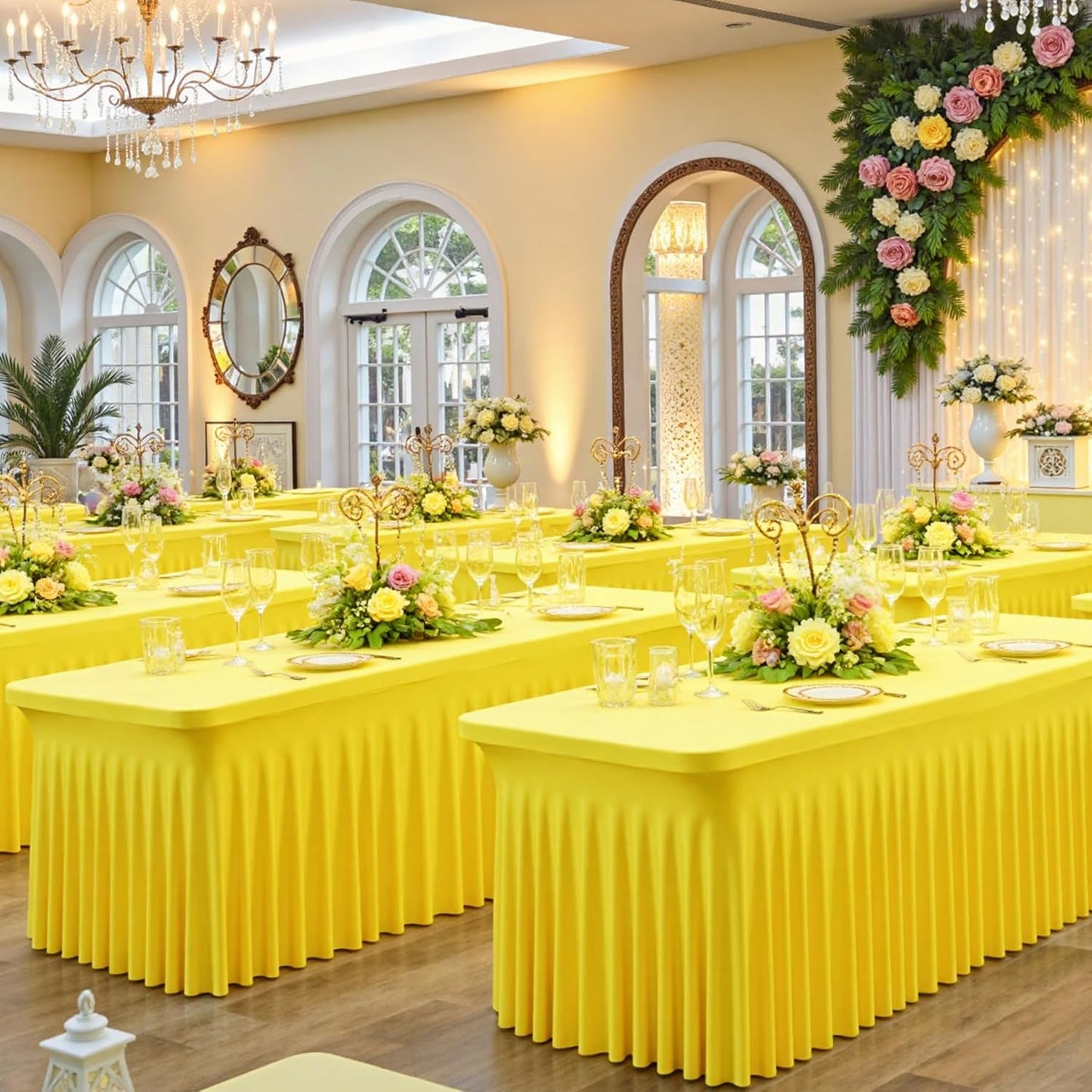 2pk Yellow Spandex Tablecloths 6ft for Rectangle Tables, Wrinkle Free Classy Table Skirt Stretchy Fitted Table Cloths Covers 6 Foot for Weddings Birthday Party Events Banquette Baby Shower