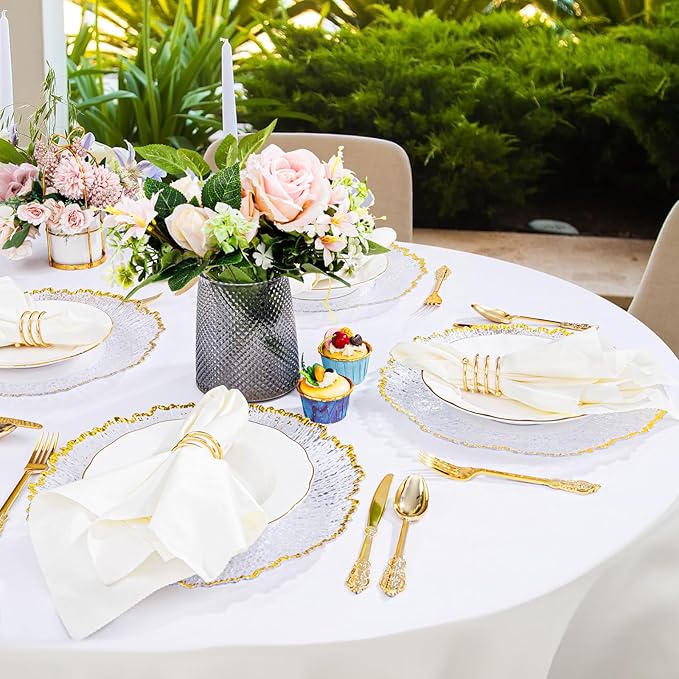 20pcs Clear and Gold Charger Plates Bulk 13inch Plastic Chargers for Dinner Plate Disposable Charger Plates Table Chargers for Wedding,Afternoon Tea,Spring,Mother's Day,Valentine's Day,Easter,Business