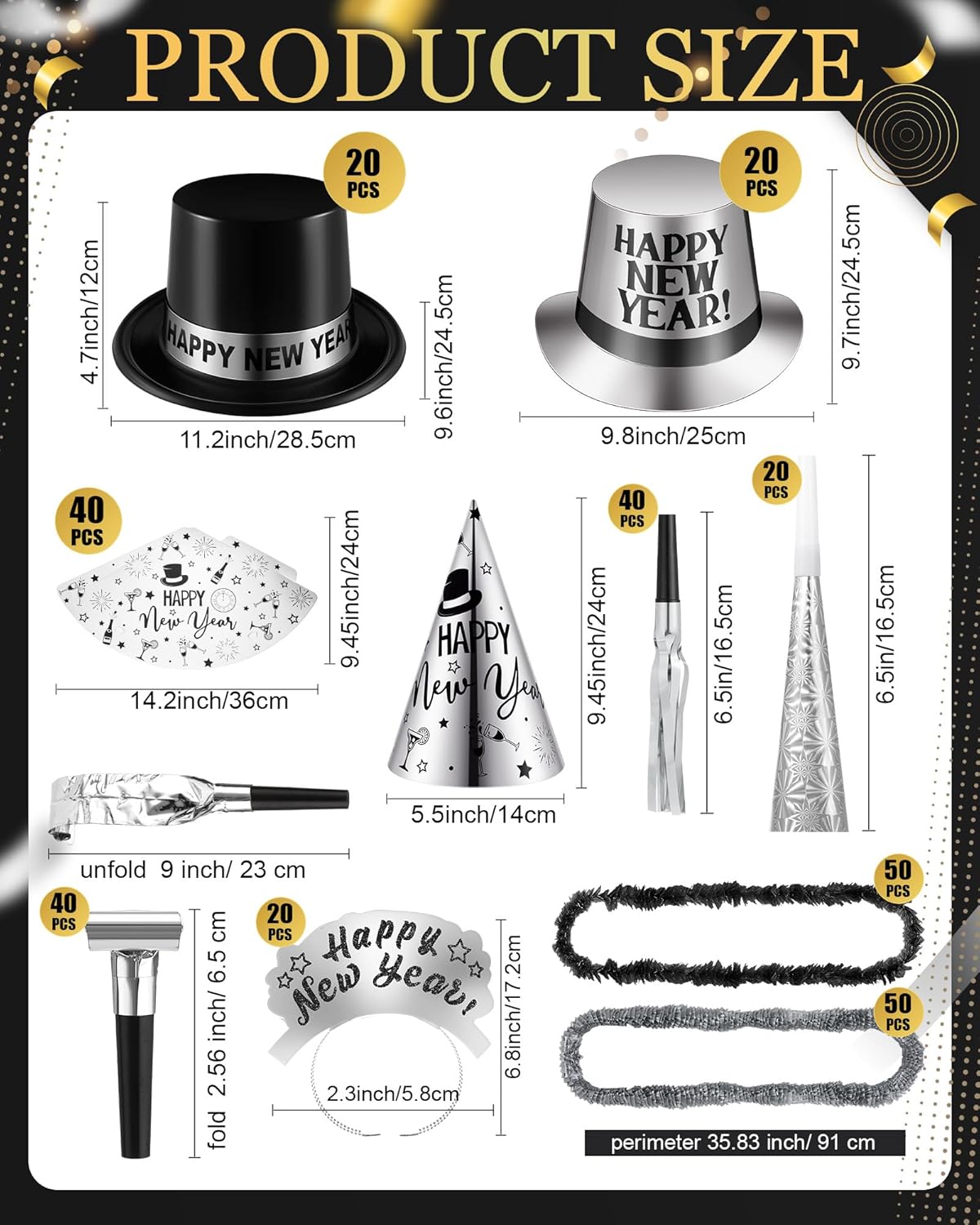 Cuffbow 300 Pcs 2026 New Years Eve Party Supplies Include Happy New Year Cone Hat Headband Tiara Metallic Fringed Party Blowers Noise Makers Horns Leis Hair Hoop Favors Decorations (Black Silver)