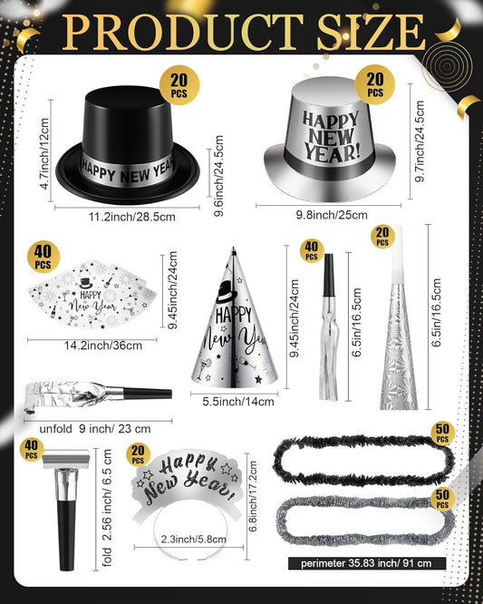 Cuffbow 300 Pcs 2026 New Years Eve Party Supplies Include Happy New Year Cone Hat Headband Tiara Metallic Fringed Party Blowers Noise Makers Horns Leis Hair Hoop Favors Decorations (Black Silver)