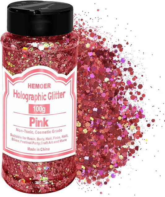 HEMOER Pink Glitter, 100g/3.5oz Holographic Chunky Glitter Mixed Hexagon Chunky & Fine Flakes Iridescent Sequins for Epoxy Crafts, Resin, Nail Body, Tumblers, Party Decoration