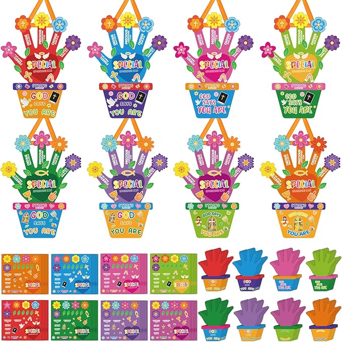 Frienda 48 Set Sunday School Craft Kit for Kids Spring Religious Flower Handprint Art Craft God Says You are Bible Prayer Sticker Ornament VBS Church Activity Gift for Mother's Day Teacher Day