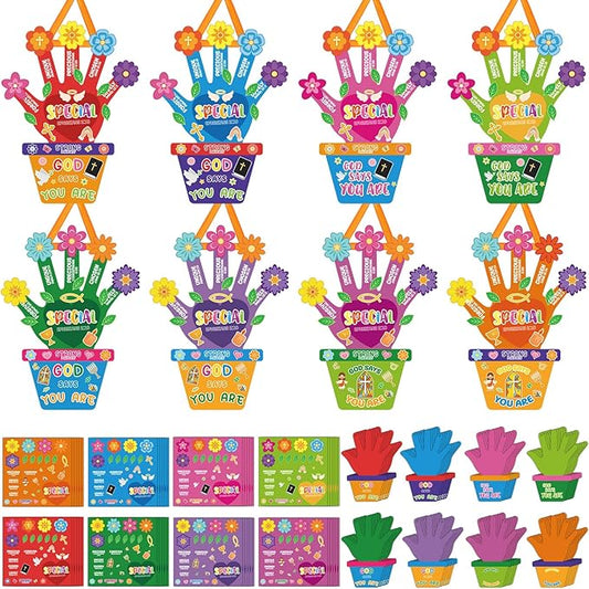Frienda 48 Set Sunday School Craft Kit for Kids Spring Religious Flower Handprint Art Craft God Says You are Bible Prayer Sticker Ornament VBS Church Activity Gift for Mother's Day Teacher Day