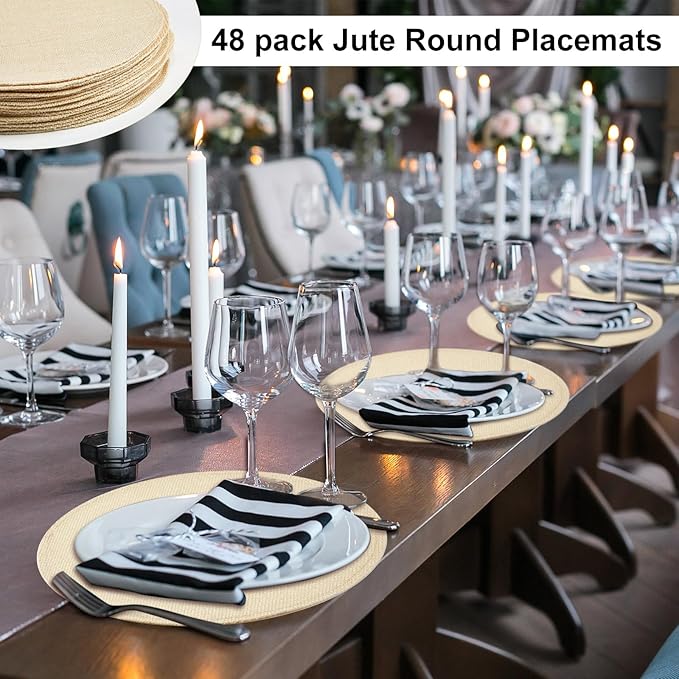Yunlly Set of 48 Round Burlap Placemats Bulk Burlap Farmhouse Placemats Set Heat Resistant Table Mats Circle Jute Charger Place Mats for Wedding Holiday Dinner Rustic Table Decorations(11.8 in,Beige)