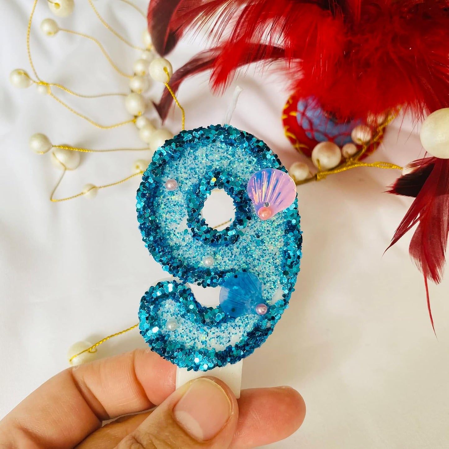 Blue Number Candle,Shell Sequins Number Candles for Birthday Cakes Mermaid Themed Party Supplies Number 9 Candle