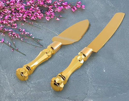 Homi styles Gold Elegant Cake Knife and Server Set, Cake Server and Knife Set of 2 with 420 Stainless Steel Plated Thick Blades, Cake Cutting Set for Wedding, Birthdays, Anniversaries, and Parties