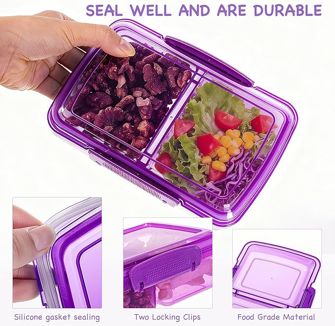 4 Pack Reusable Snack Containers with Lids, 2-Compartment Bento Boxes for Kids, Lightweight & Stackable Food Containers, Dishwasher Safe & Refrigerator Safe (4 Colors)