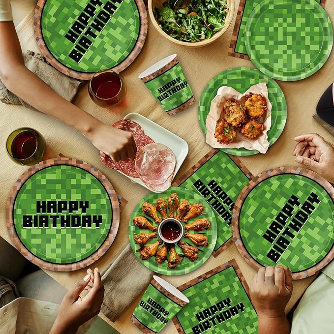 168Pcs Pixel Birthday Decorations, Includes Plates Napkins Cups Knives Forks Spoons, Pixel Party Decorations, Serve 24