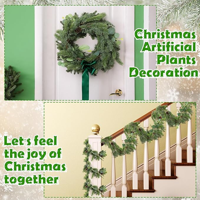 XunYee 9 Feet Christmas Cedar Garland, Realistic Pine Needles Garland with Cones and Eucalyptus Leaves, Artificial Greenery for Mantle, Stair, Doorway, or Xmas Holiday Decoration