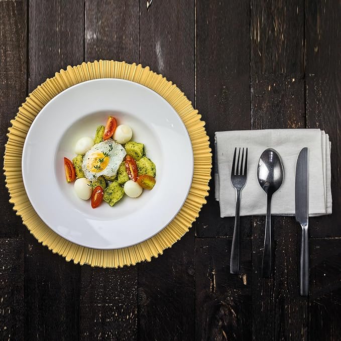 13" Line Gold Charger Plates, Classic Chargers for Dinner Plates, Reusable Plastic Table Setting Bulk Event, Party, Wedding, Festival, Baby Shower