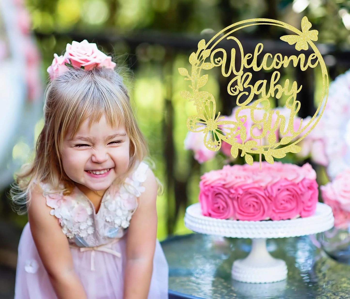 Welcome Baby Girl Cake Topper - Rose Gold Glitter Baby Shower Cake Decorations, Baby Girl Cake Topper, for Baby Shower/Birthday Party/Gender Reveal Party Photo Booth Props (Gold)