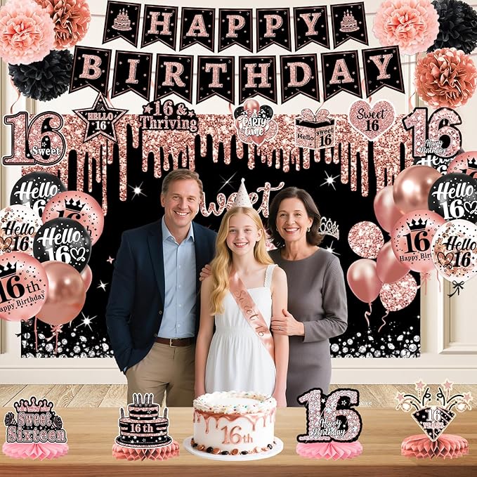 Sweet 16 Party Decorations – 16th Birthday Decorations Backdrop, Banner, Honeycomb Centerpieces, Hanging Swirls, Foil & Latex Balloon, Cake & Cupcake Toppers, Sash, Pom Poms