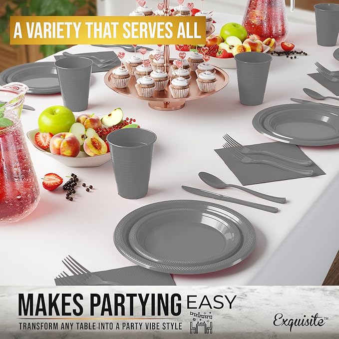350 Pcs Silver Plastic Plates For Party, Silver Disposable Plates Set, 50 Of Each 9" Dinner Plate Set, 7" Dessert Plate, Cups, Napkins & Cutlery Plastic Dinnerware Set Exquisite