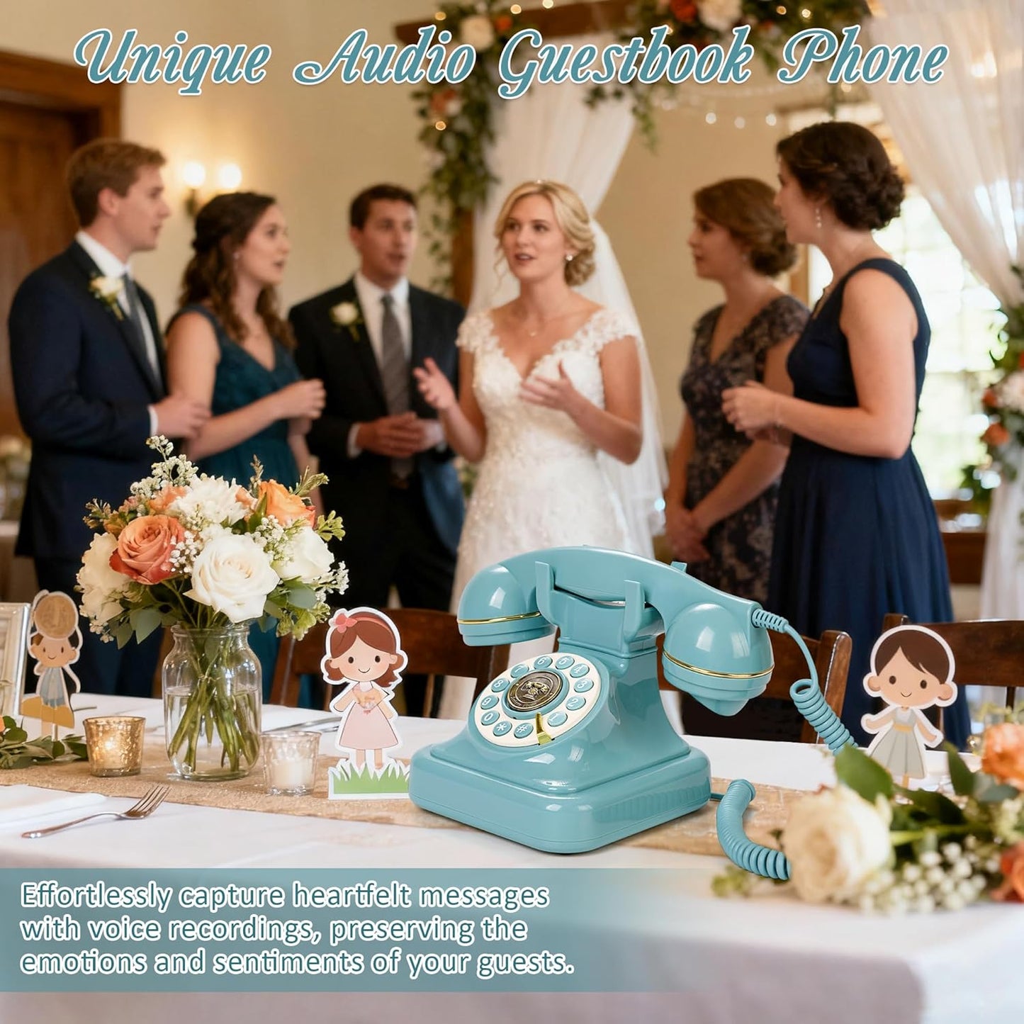 Audio Guest Book Wedding Phone, Retro Audio Phone Guestbook with Clear Voice Recording for Wedding Reception, Bridal Shower, Birthday, Baby Shower, Anniversary, Engagement (Blue)