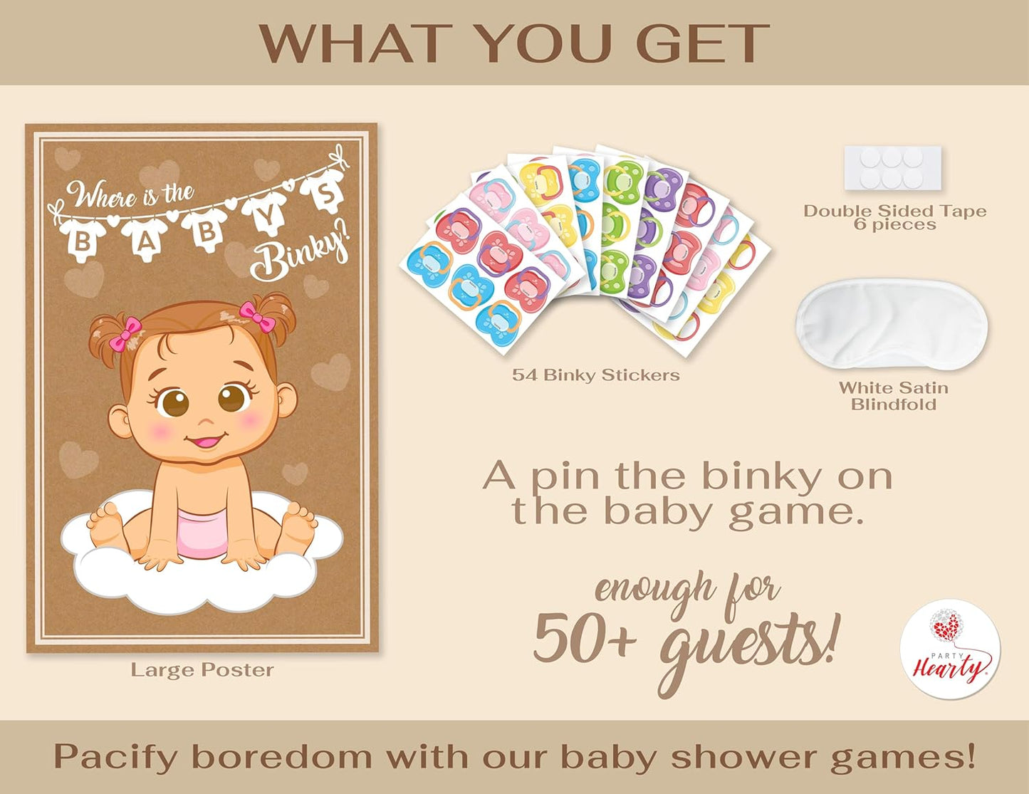 Party Hearty Funny Baby Shower Games for Girl - Pin The Pacifier on The Baby Game, Where is The Binky, Pin The Dummy