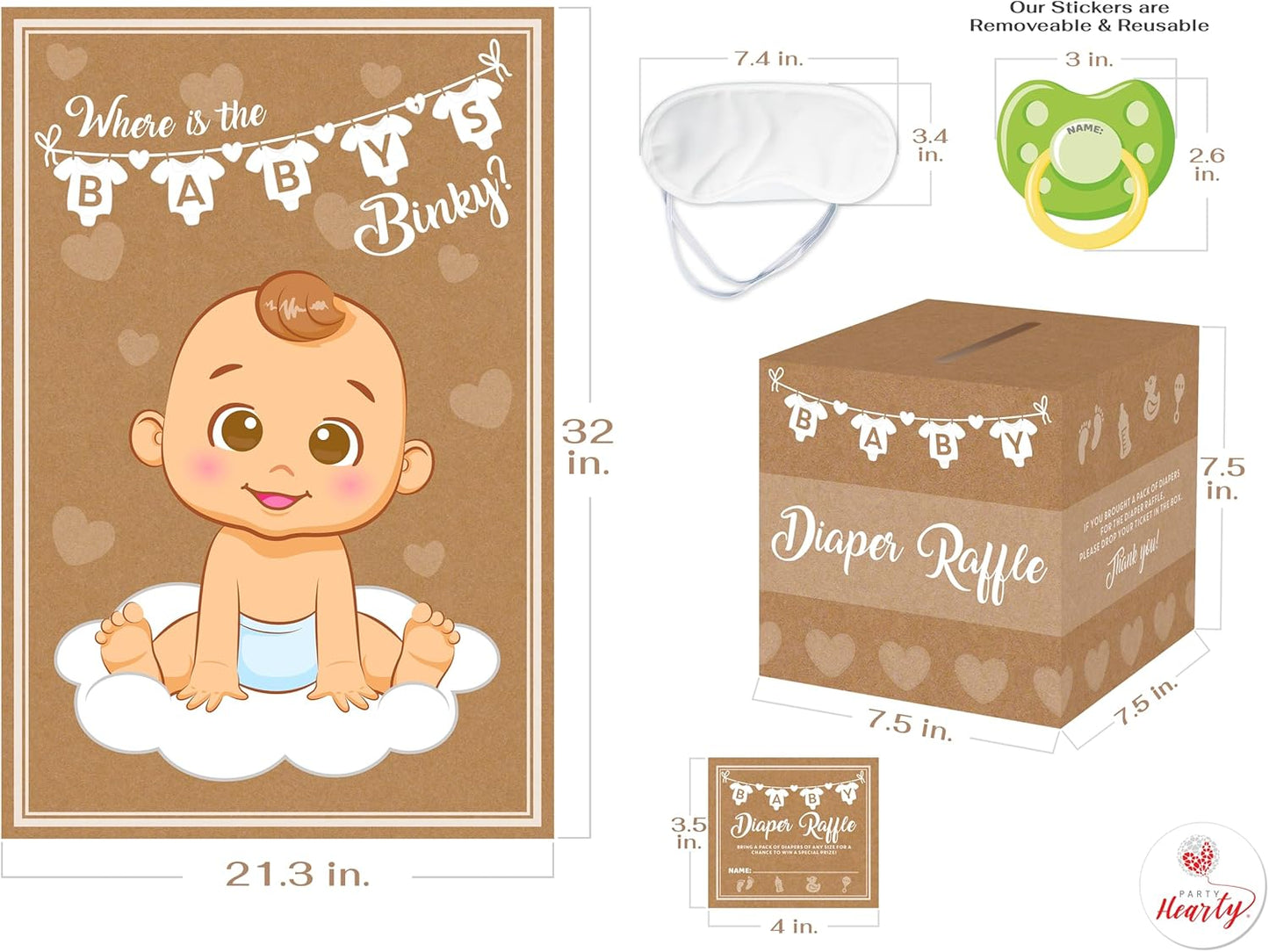 Party Hearty 2 Baby Shower Games, Pin The Pacifier on The Baby Game and 50 Pcs Diaper Raffle Tickets with Box, Bring a Pack of Diapers to Win, Pin The Binky