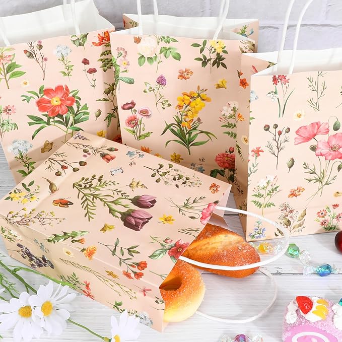 Konsait 16 Pack Floral Gifts Bags, Vintage Style Small Floral Gift Bags with Handle, Kraft Paper Flower Party Favor Bags for Wedding Birthday Bridal Shower Engagement and More