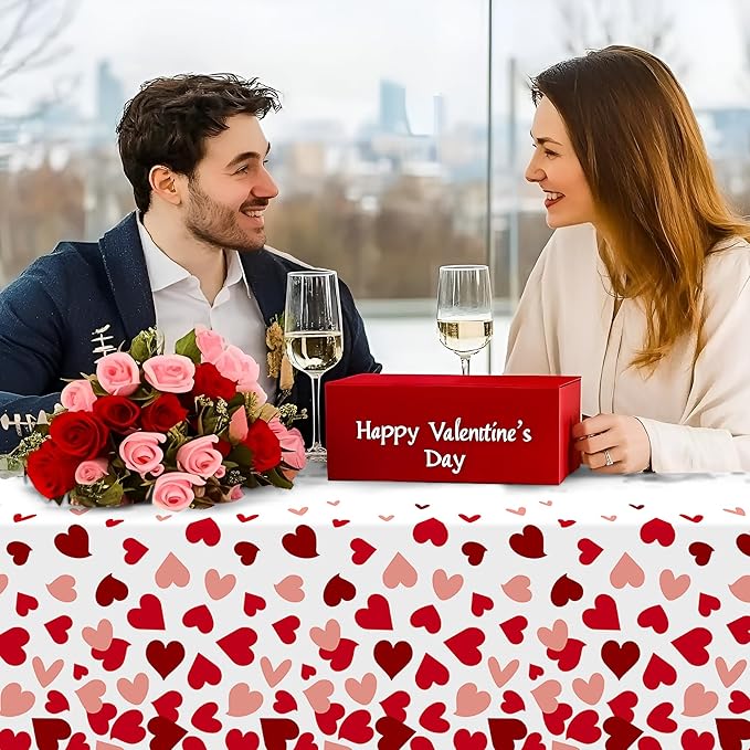 Childom 2 Pcs Valentines Day Tablecloths for Valentines Day Decorations,54" x 108" Disposable Plastic Tablecloths,Rectangle Red Heart Table Cover for Party Decorations Mothers Day Anniversary Birthday