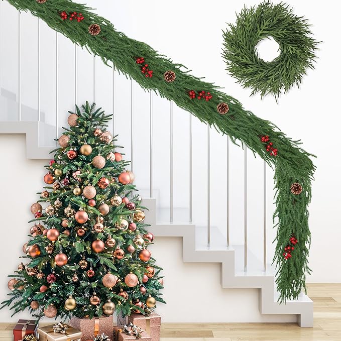 2 Pack 6FT Christmas Norfolk Pine Garlands with Pine Cone Real Touch Christmas Garland Artificial Greenery Garland for Fireplace, Table, Wall, Stairs, Outdoor Holiday Décor