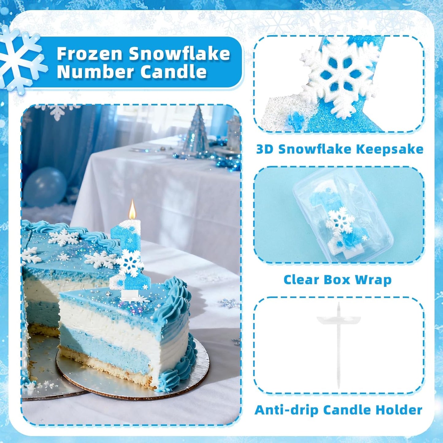 Frozen Birthday Party Decorations, Number 1 Birthday Candle, Frozen Birthday Party Favors, Happy Birthday Candle for Cake, Blue Snowflake Cake Topper Decoration for 1st 1 Year Old Party Favor Supplies