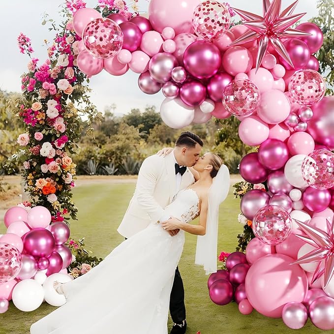 Pink Balloon Garland Arch Kit, 140Pcs Hot Light Metallic Pastel Pink White Confetti Balloons With Stars for Birthday Valentines Day Birdal Shower Wedding Gender Reveal Graduation Party Decorations