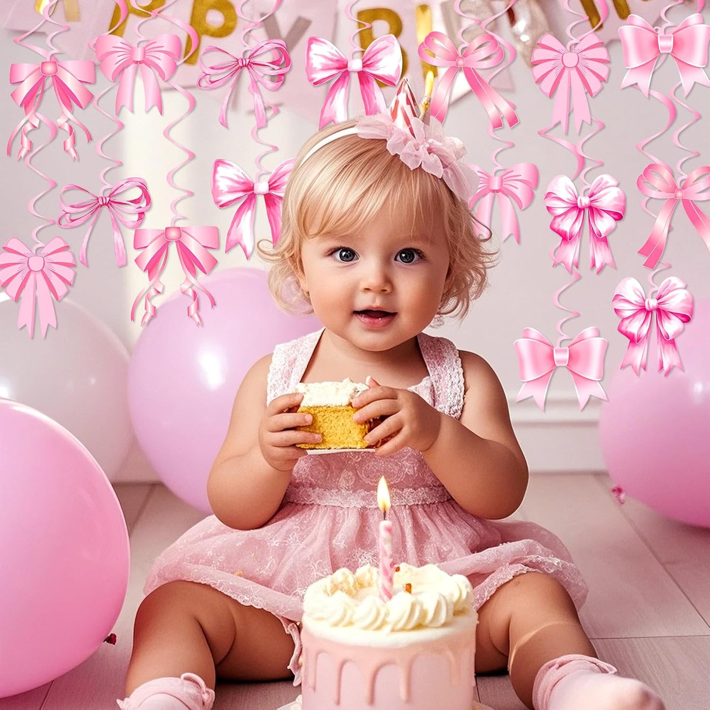 Pink Bow Birthday Decorations, Kaluofan 32PCS Pink Bow Hanging Swirls Set, Bow Party Decorations for Girl Birthday Wedding Valentine's Day Dance Party Favor Supplies