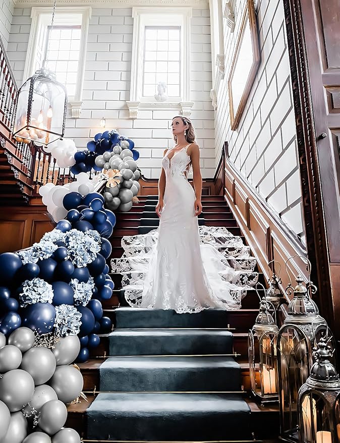 Navy Blue and Silver Balloons Garland Arch Kit,134 Pcs Graduation Balloons, White Navy Blue and Silver Balloons with Confetti Latex Balloons for Graduation, Birthday Baby Shower Wedding Decorations