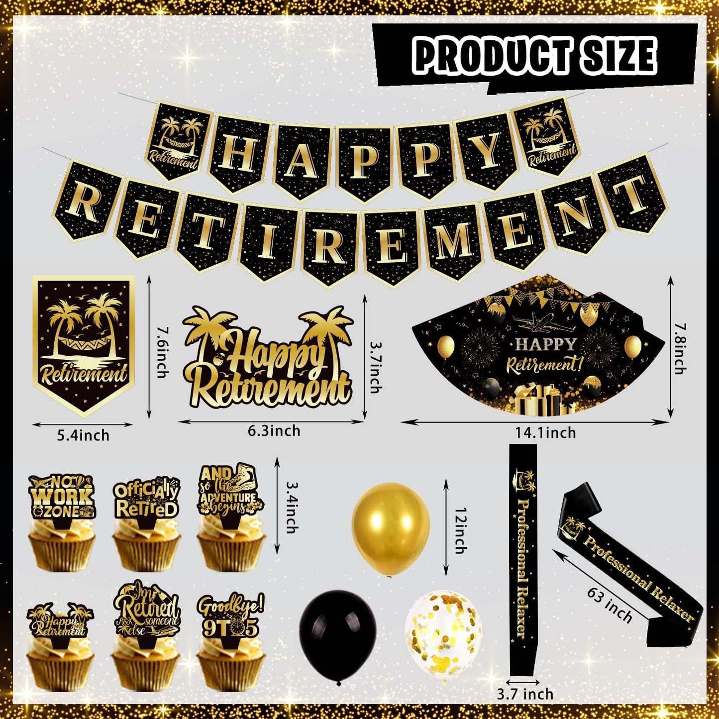 Mpanwen Retirement Party Decorations, 78 Pcs Gold Black Happy Retirement Men Party Decor Supplies for Women Men with Backdrop, Banner, Tablecloth, Centerpieces, Hanging Swirls, Sash, Hat, Wall Signs