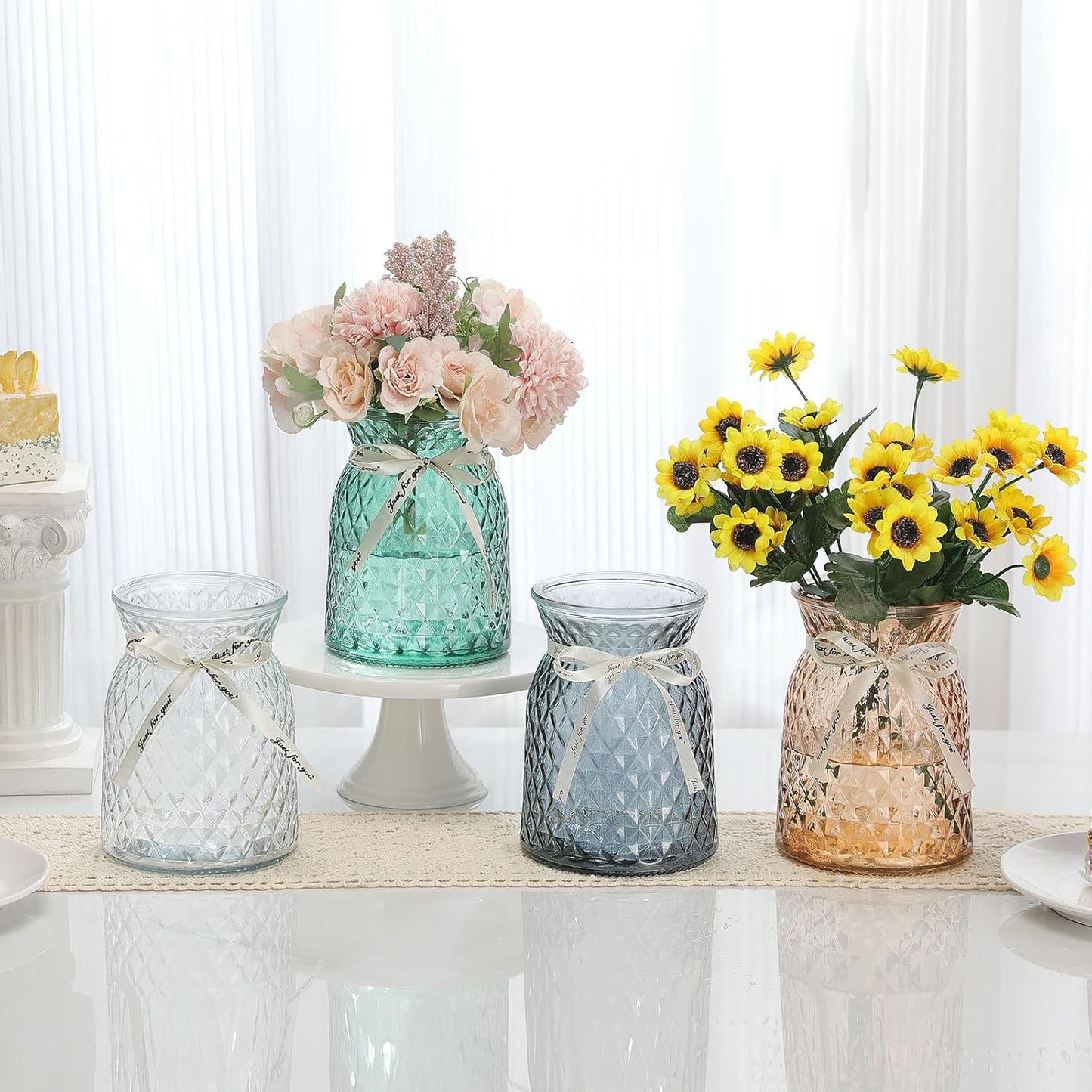 SOJOCK 2PACK Glass Flower Vases(Flowers NOT Included),6.3" High Diamond Pattern Vases,Vintage Vases for Centrepieces,Wedding Decorations,Home Table Flower Decorations
