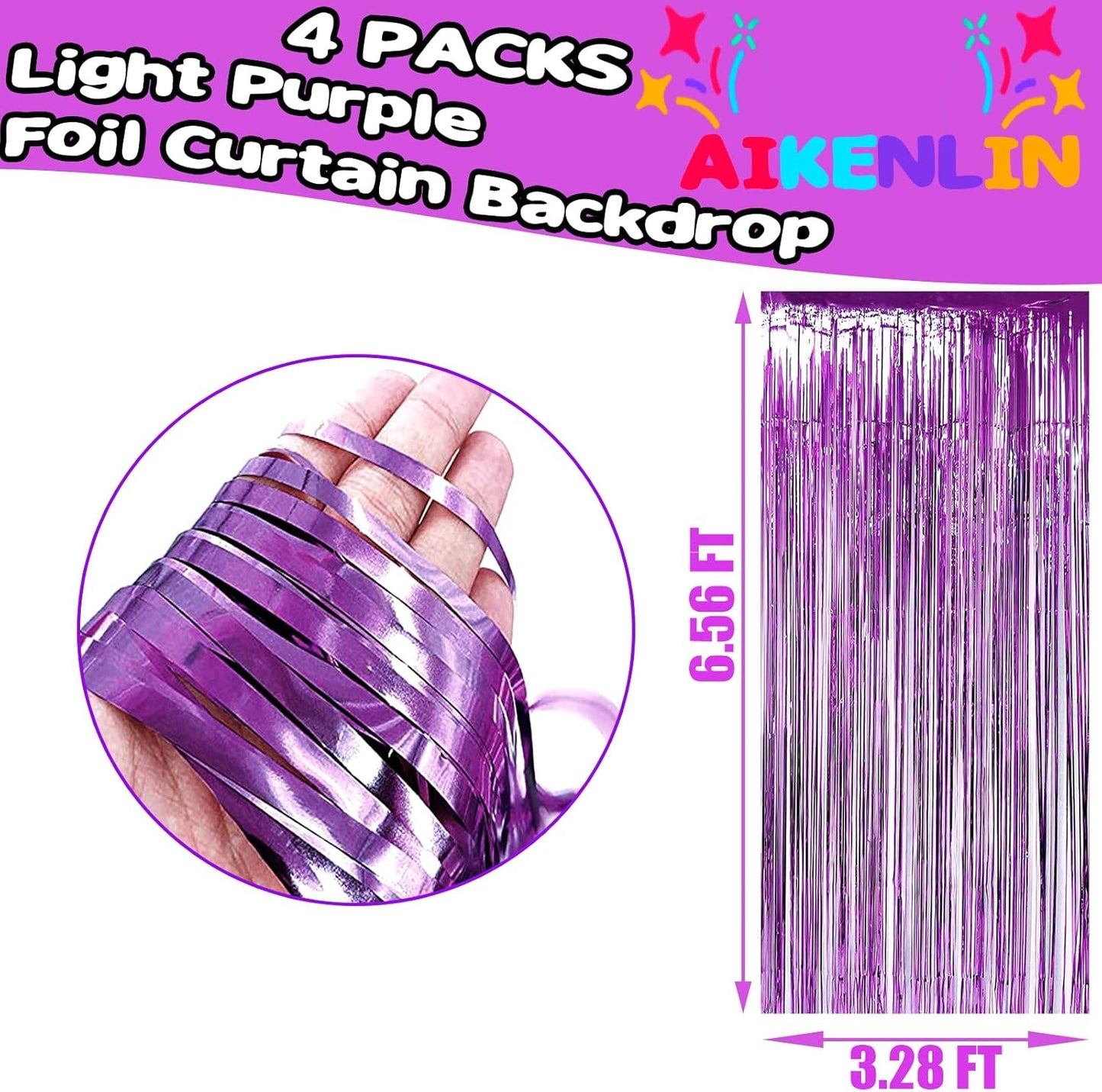 4 Pack 3.3Ft x 6.6Ft Light Purple Foil Fringe Curtain Backdrop, Metallic Tinsel Foil Fringe Streamers Curtains Background for Photo Booth, Birthday, Wedding, Halloween, Christmas Party Decoration