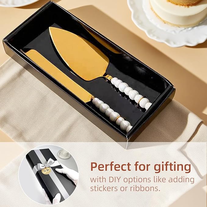 VEOOK Wedding Cake Knife and Server Set with Pearl Handle - Stainless Steel Pie Cutter, Elegant Ceramic Gift for Bride Engagement, Bridal Shower, Couples Wedding(CK-01)