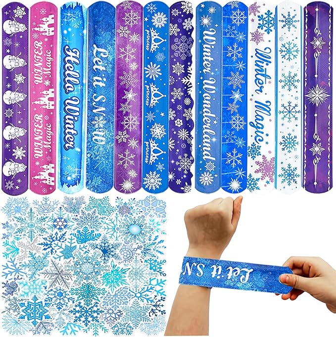 74Pcs Snowflake Theme Party Favors Contain 24 Pcs Snowflake Theme Slap Bracelets 50Pcs Snowflake Theme Stickers, Ice and Snow Theme Birthday Party Decorations