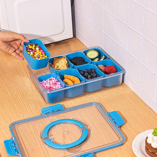 Patent Design Ribbed Snackle Box Container Divided Serving Tray with Lid and Handle -Charcuterie Container Portable Storage Organizer for Candy, Fruit, Beach, Picnics（1 pcs, Cerulean）