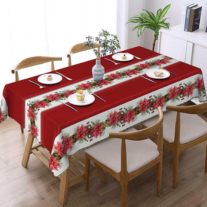 YCness Christmas Winter Tablecloth, Red Abstract Grid Red Fruit Snowflakes Table Cover for Living Room Home Kitchen Party Dinner 55x75 Inch
