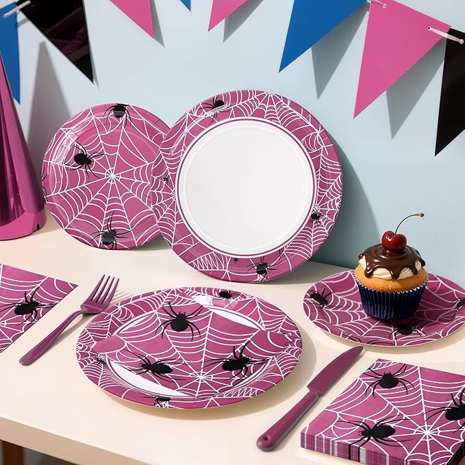 75pcs Spider Party Supplies, 25 Guest Disposable Pink Paper Plates & Napkins, Tableware Decorations Favors, Including 9" & 7" Plates & Napkins for Halloween, Birthday, Parties, and Everyday Use
