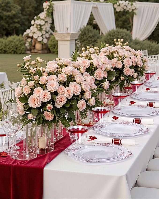 Nervure 100Pcs White and Red Plastic Plates - Heavyweight Red Disposable Plates - Plastic Plate Include 50Pcs 10.25inch Dinner Plate & 50Pcs 7.5inch Dessert Plate for Wedding & Party