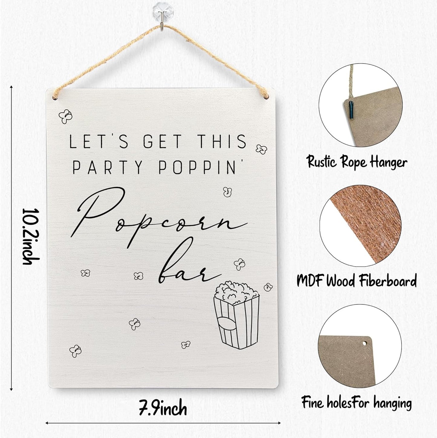 FHUGX Popcorn Bar Sign, Wedding Hanging Wood Sign 7.9×10.2 Inches, Bridal Shower Sign, Baby Shower Sign, Wedding Reception Decor, Popcorn Party Decorations, Popcorn Bar Supplies For Party