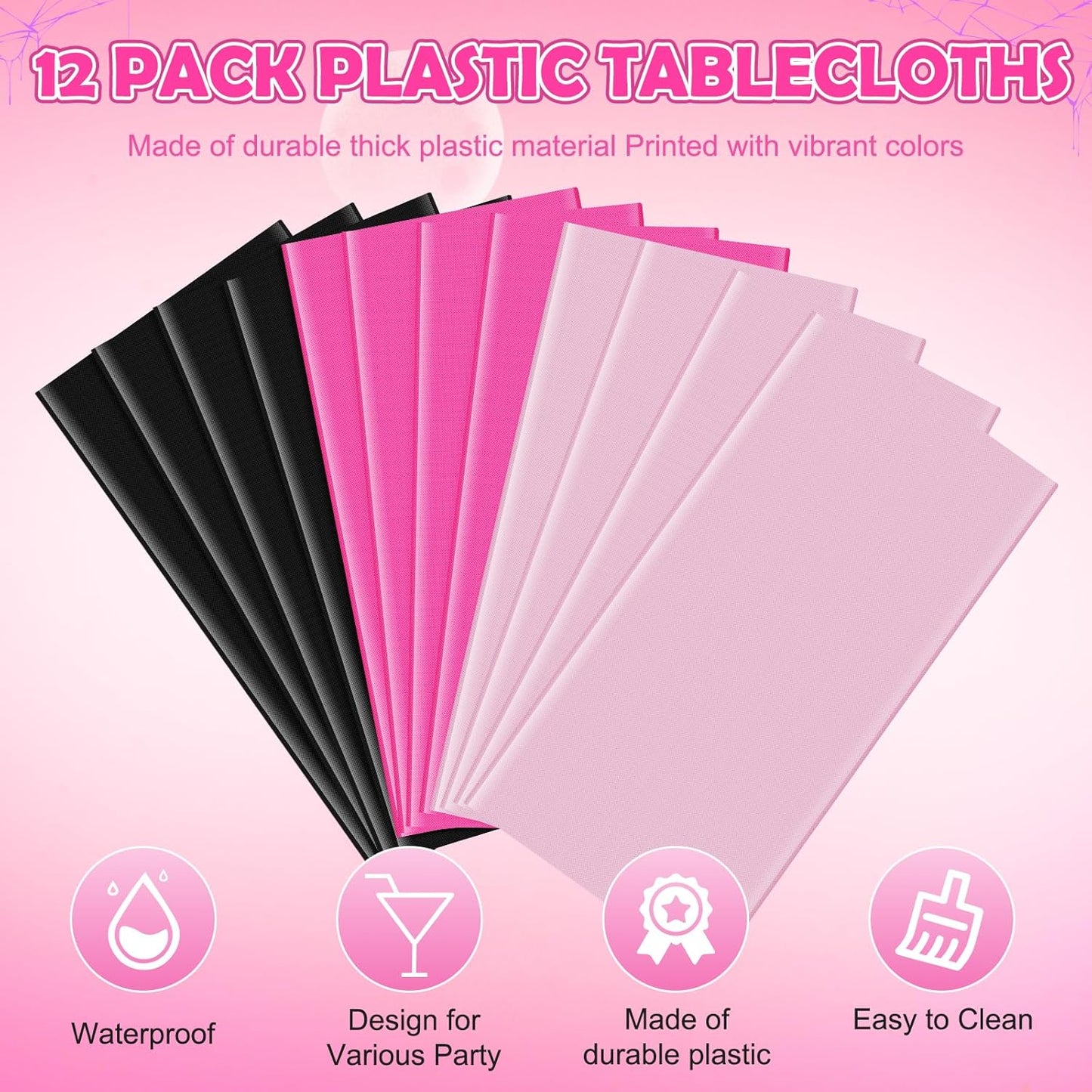 12 Pack Halloween Pink and Black Plastic Tablecloth for Rectangle Tables, Pink Black Disposable Table Cover, Rectangle Table Cloth for Girls Halloween Baby Shower Birthday Party Supplies Decorations