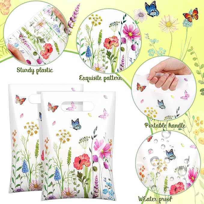Kosiz 100 Pcs Wild Flower Gift Bags Bulk 6.7 x 9.8 Inches Plastic Wild Floral Treat Candy Goodie Favor Bags with Handles for Spring Summer Birthday Wedding Bridal Shower Floral Party Supplies Decor