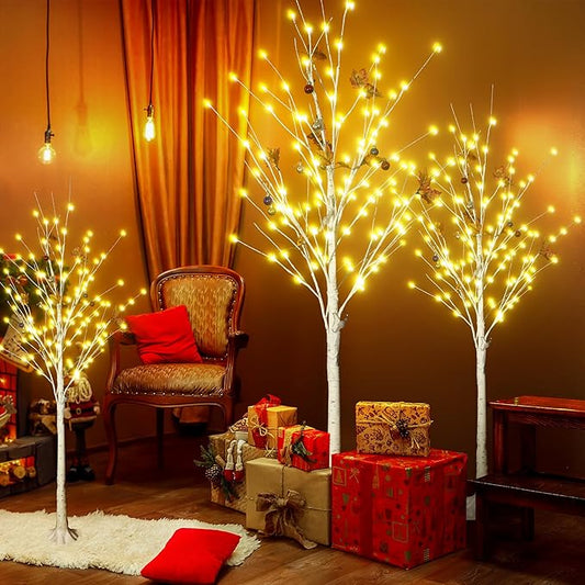 AWQM Lighted Birch Tree for Christmas Decor, Pack of 3 Prelit Christmas Tree 4ft 5ft 6ft, Warm White Christmas Tree for Indoor Christmas Decorations. (White)