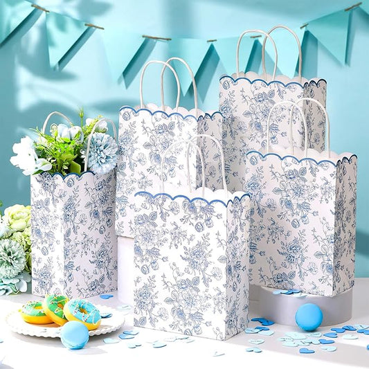 Kolldenn 24 Pcs Blue Floral Gift Bags with Handles Wildflower Party Favor Candy Treat Goodie Bags Scalloped for Birthday Decoration for Bridal Baby Shower Party Supplies