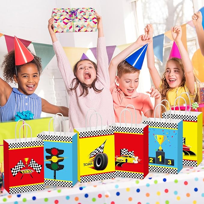 Outus 24 Pieces Race Car Party Favor Bags Car Birthday Party Supplies Goodie Gift Treat Bags with Handles for Checkered Flag Race Theme Two Fast Birthday Decorations Boy Gifts
