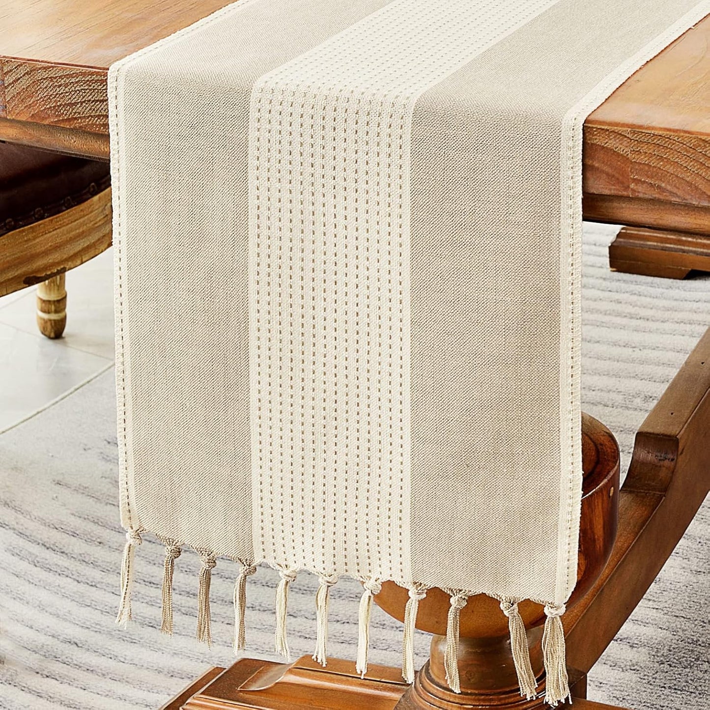 Wracra Linen Table Runner, Farmhouse Macrame Table Runners 60 Inches Long for Dining Table Decor, Wedding, Party and Dresser Decor (Light Coffee,60")