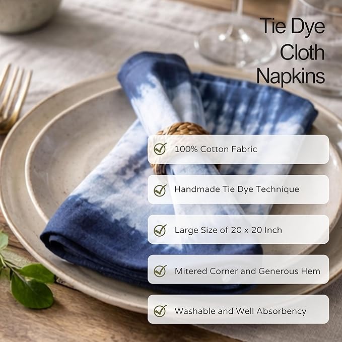 FINGERCRAFT Cloth Napkins Set of 6 Cotton Blend Tie Dye 20x20 Inch Large Size Dinner Napkins Cloth Perfect for Parties Dinners Weddings Cocktail Christmas Easter Royal Blue Stripe