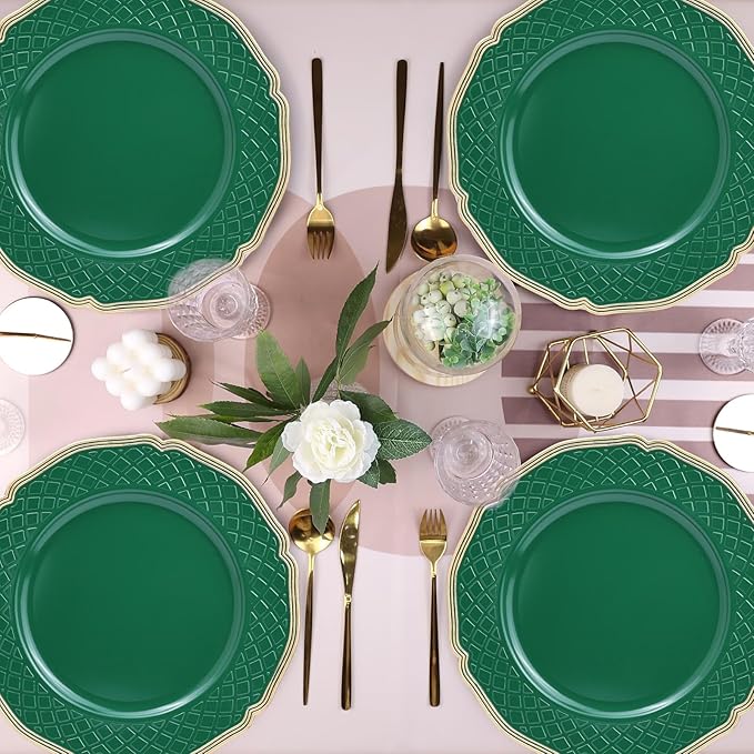 Green Scallop Charger Plates, Set of 6 Plastic Wedding Bulk Plate Charges for Dinner Plates, Table Decoration, Holiday, Thanksgiving, Christmas.