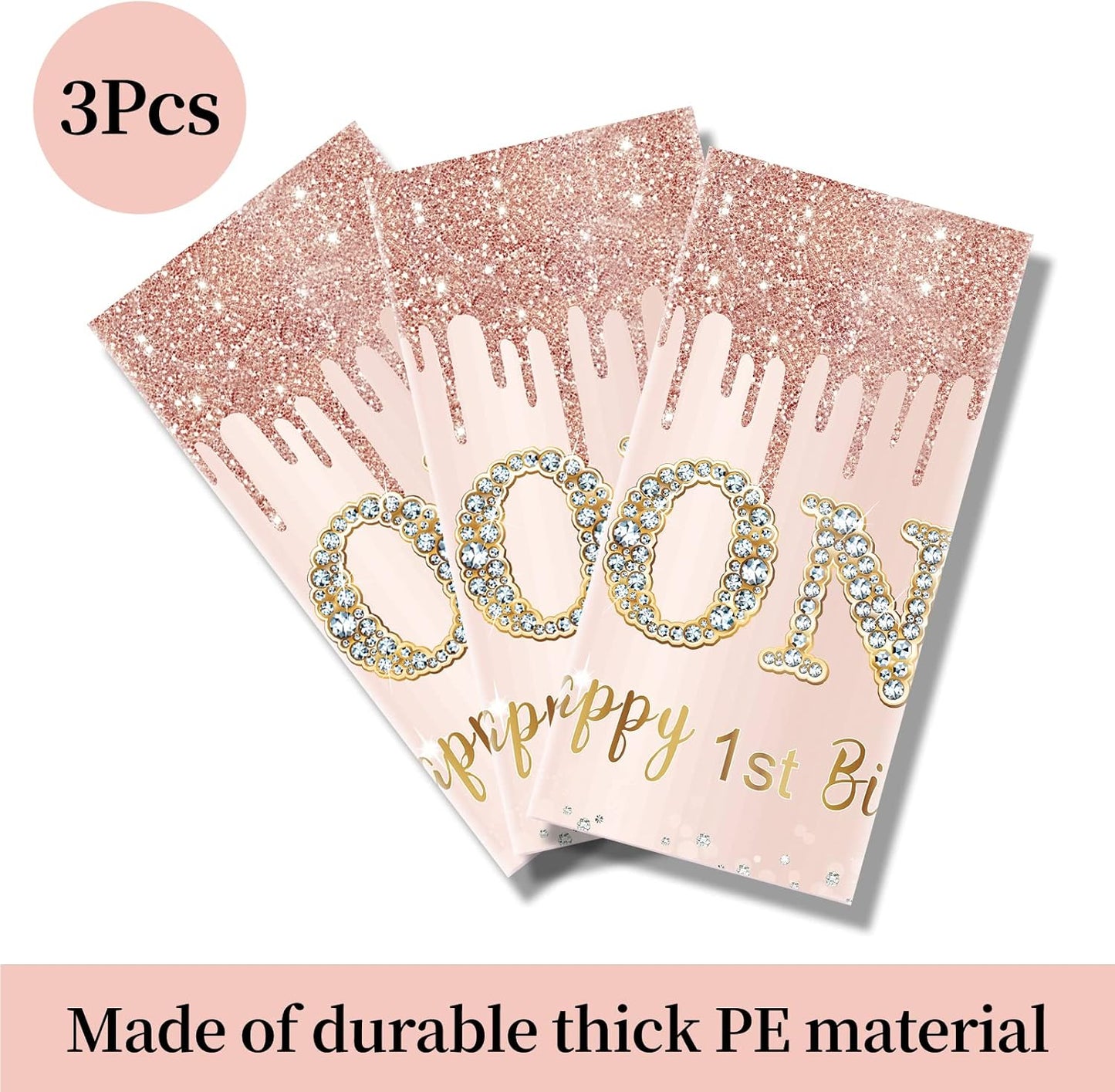 Excelloon 3 Pcs 1st Birthday Tablecloth Decorations for Baby, Pink Rose Gold First Birthday Theme Table Cover Party Supplies, One Year Old Birthday Plastic Disposable Rectangular Table Cloth Decor