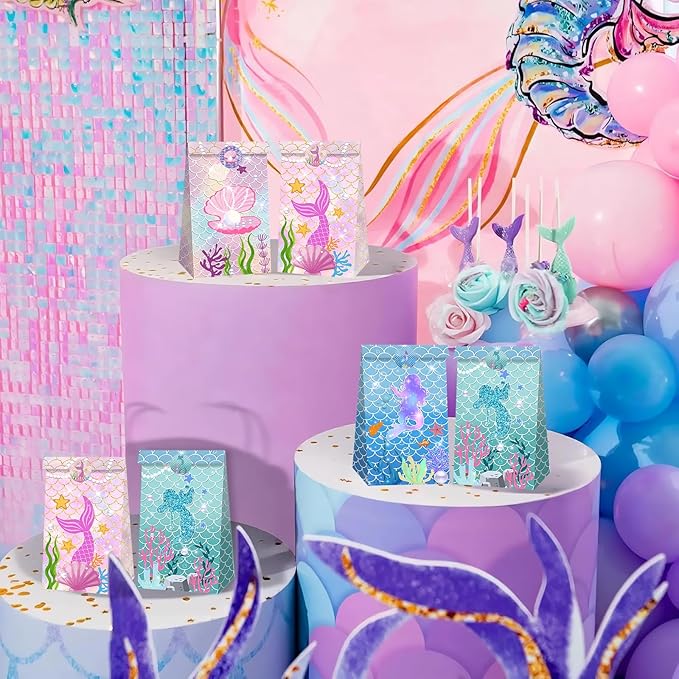 Mermaid Party Favor Bag Little Mermaid Birthday Decorations Jellyfish Seashell Gift Goodie Bags with Sticker for Girls Under the Sea Aquatic Nautical Party Summer Ocean Beach Party Supplies (12Pcs)