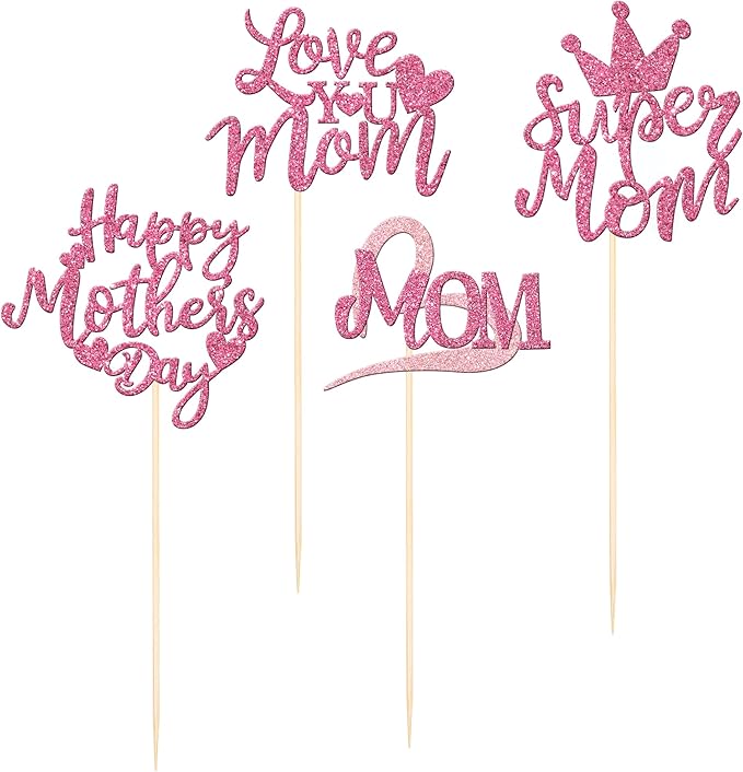 12 PCS Happy Mother's Day Centerpiece Sticks Double Sided Glitter Love Super Mom Best Mom Centerpieces for Happy Mother's Day Theme Table Flower Decorations Women Birthday Party Supplies Pink